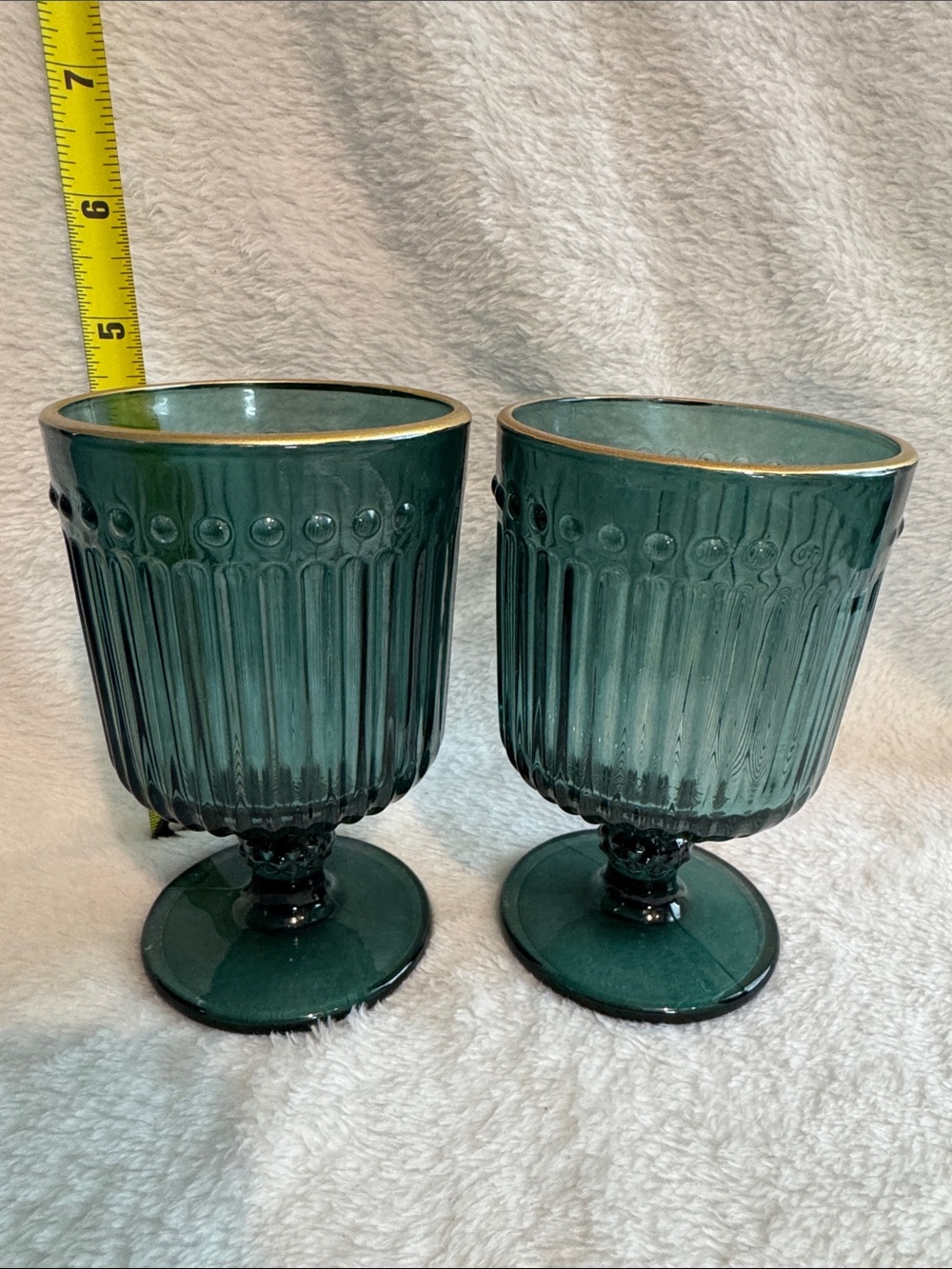 Pair of Vintage MCM Dark Teal Ribbed Goblets with Gold Rim